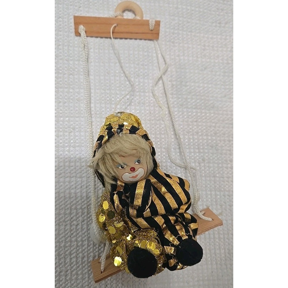 Vintage Circus Clown Doll Porcelain Head String Marionette Puppet Swing Gold